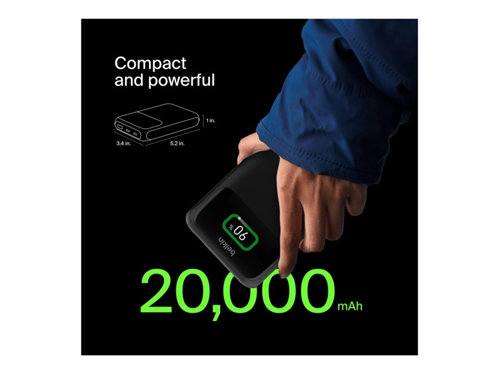 Belkin BoostCharge Pro - Power bank - 20000 mAh - 65 Watt - Fast Charge, PD - 3 output connectors (24 pin USB-C, USB) BPB020BTBK