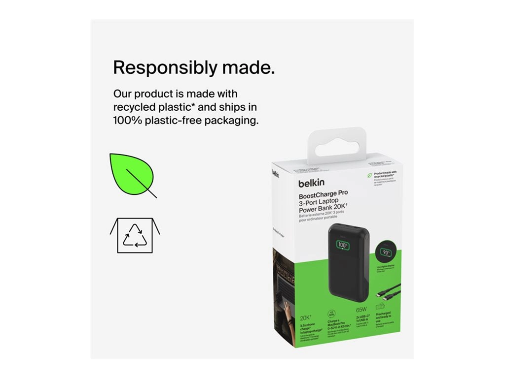 Belkin BoostCharge Pro - Power bank - 20000 mAh - 65 Watt - Fast Charge, PD - 3 output connectors (24 pin USB-C, USB) BPB020BTBK