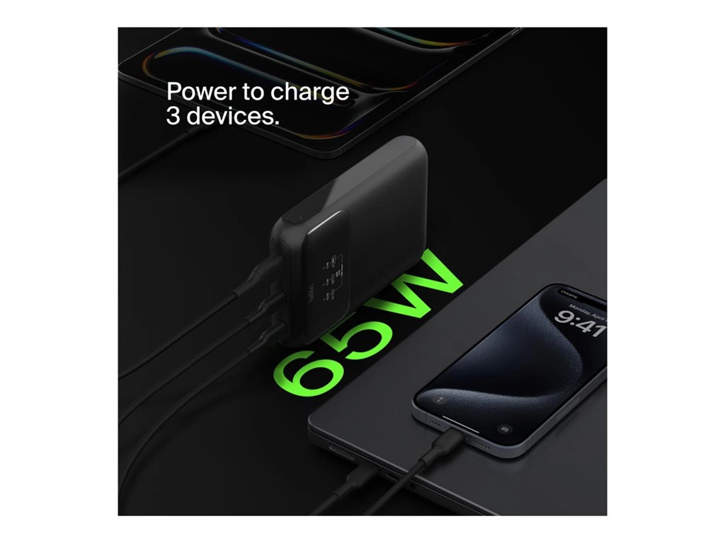 Belkin BoostCharge Pro - Power bank - 20000 mAh - 65 Watt - Fast Charge, PD - 3 output connectors (24 pin USB-C, USB) BPB020BTBK