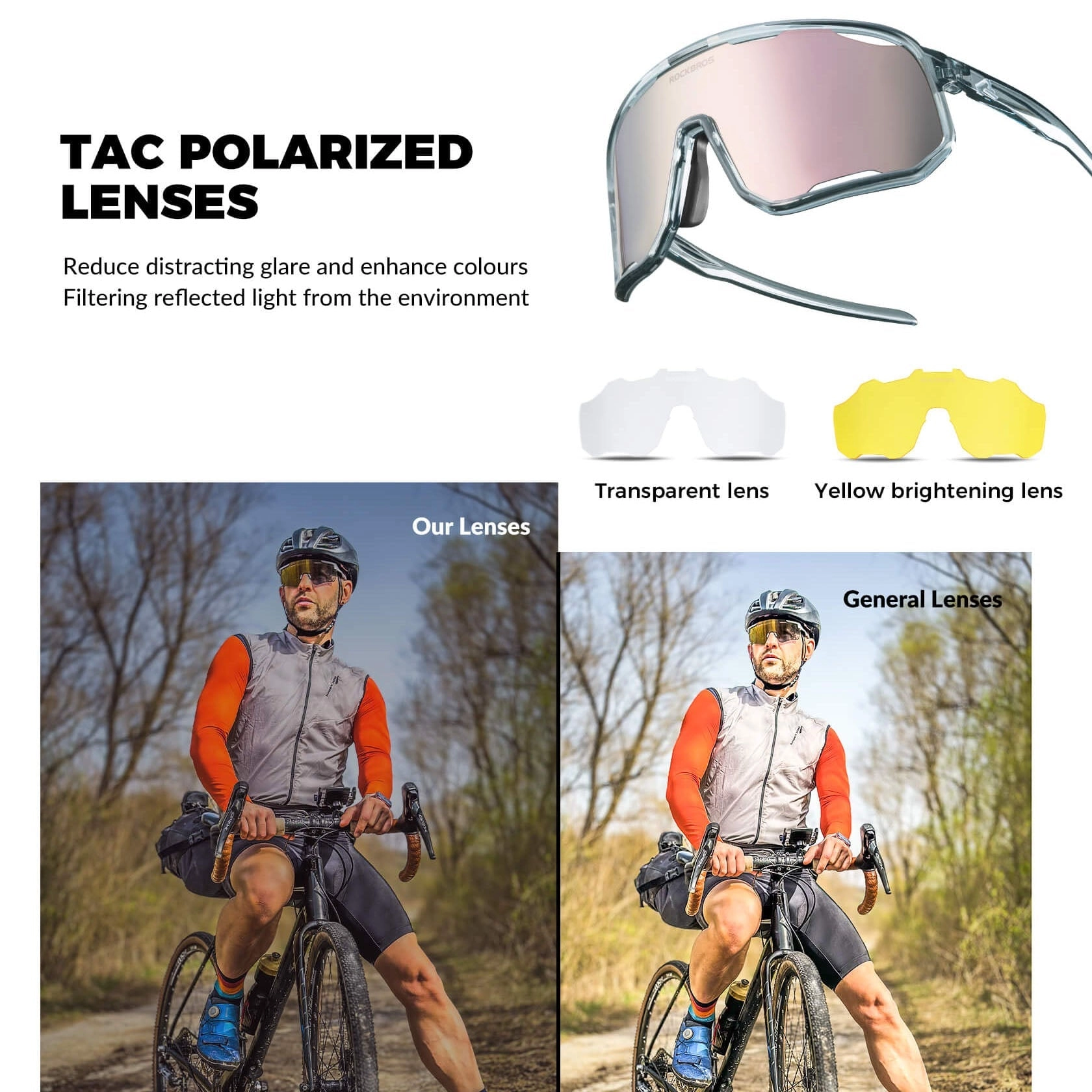 ROCKBROS Polarized Sunglasses UV400 Transparent Cycling Glasses Windproof TR90 Frame